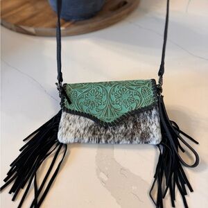 Genuine tooled leather and cowhide crossbody fringe bag or wristlet